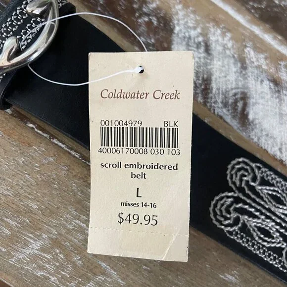 Coldwater Creek Womens Genuine Leather Belt Size L Black Embroidered Western Boh - Picture 6 of 11